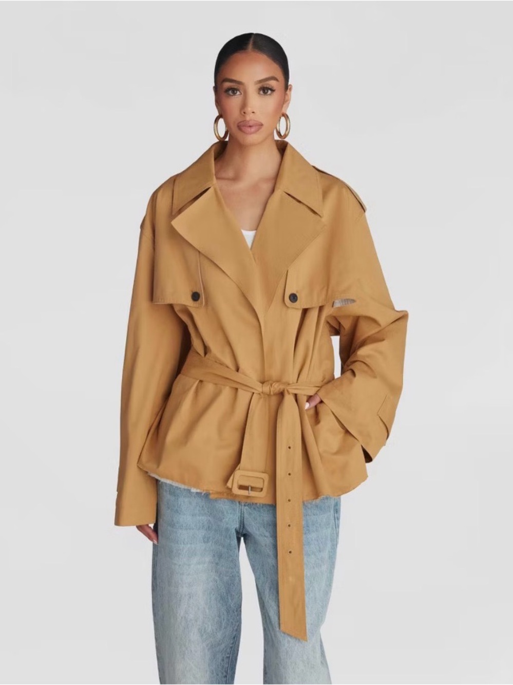 KKB by Kahlana Women’s Belted Cropped Trench Jacket Tan Size Large NWT